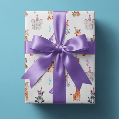 Safari birthday wrapping paper with watercolor animals wearing party hats on white.