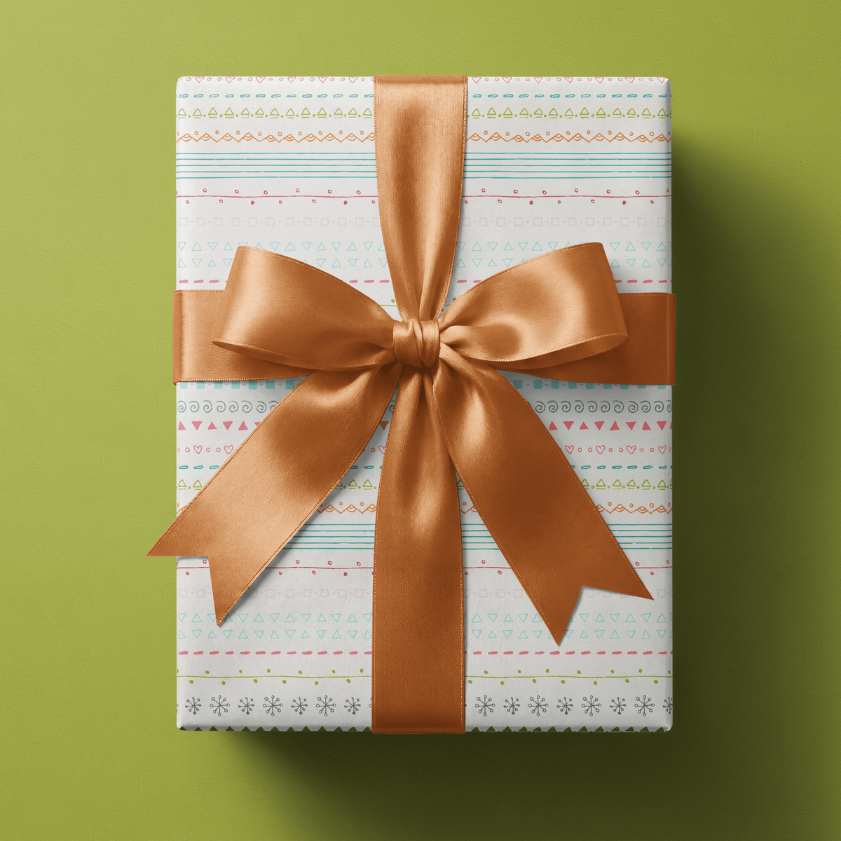 Pastel wrapping paper with banded rows of hand-drawn triangles, dots, and hearts on cream.