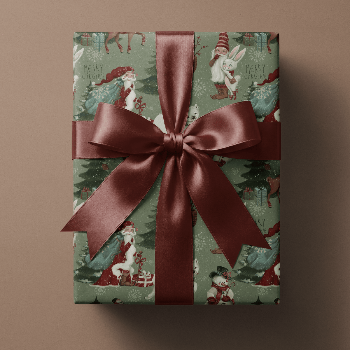 Woodland christmas wrapping paper with gnomes, Santa, and forest creatures on sage green.