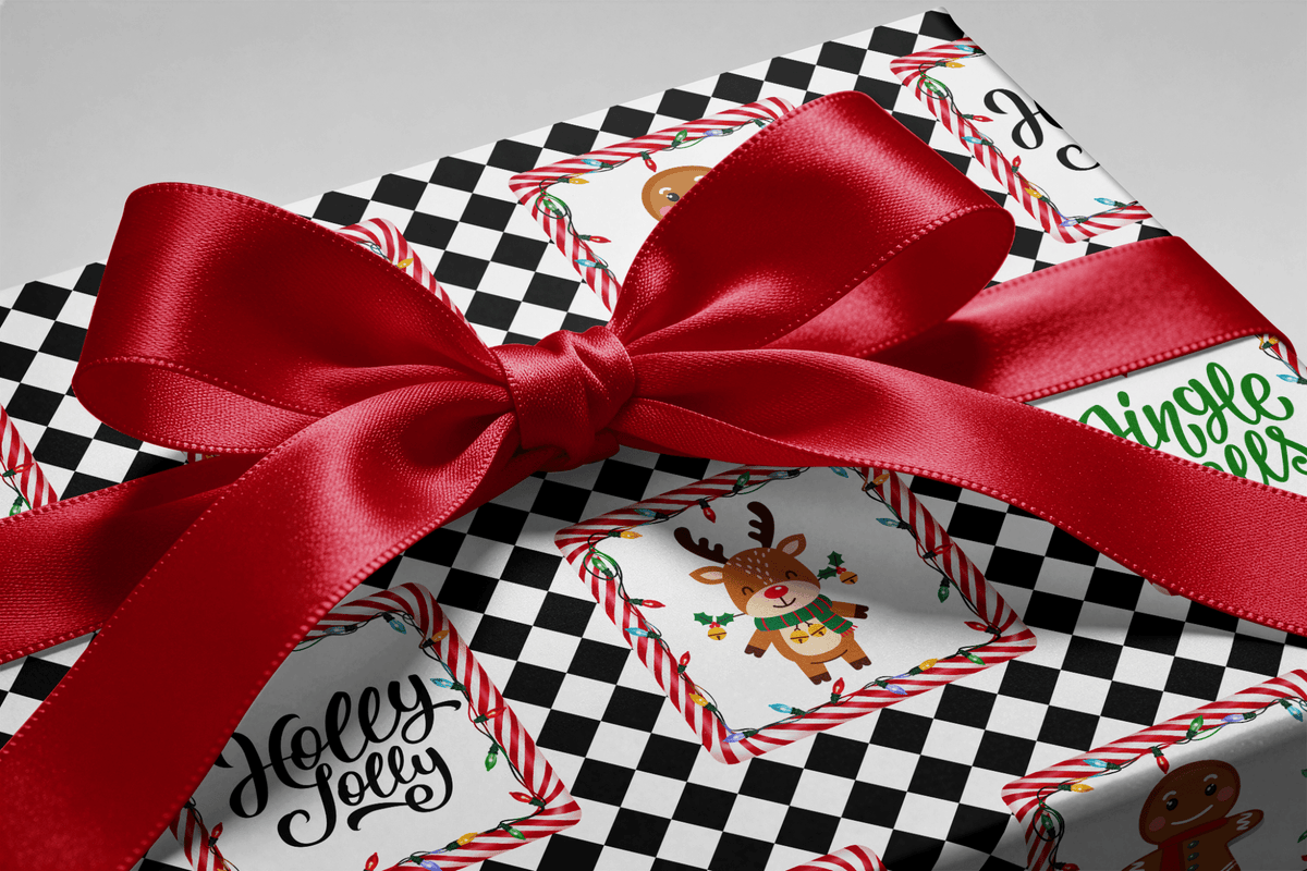 Black and White Christmas Wrapping Paper - Holly Jolly Check - Haus of Wrap