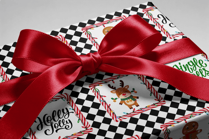 Black and White Christmas Wrapping Paper - Holly Jolly Check - Haus of Wrap