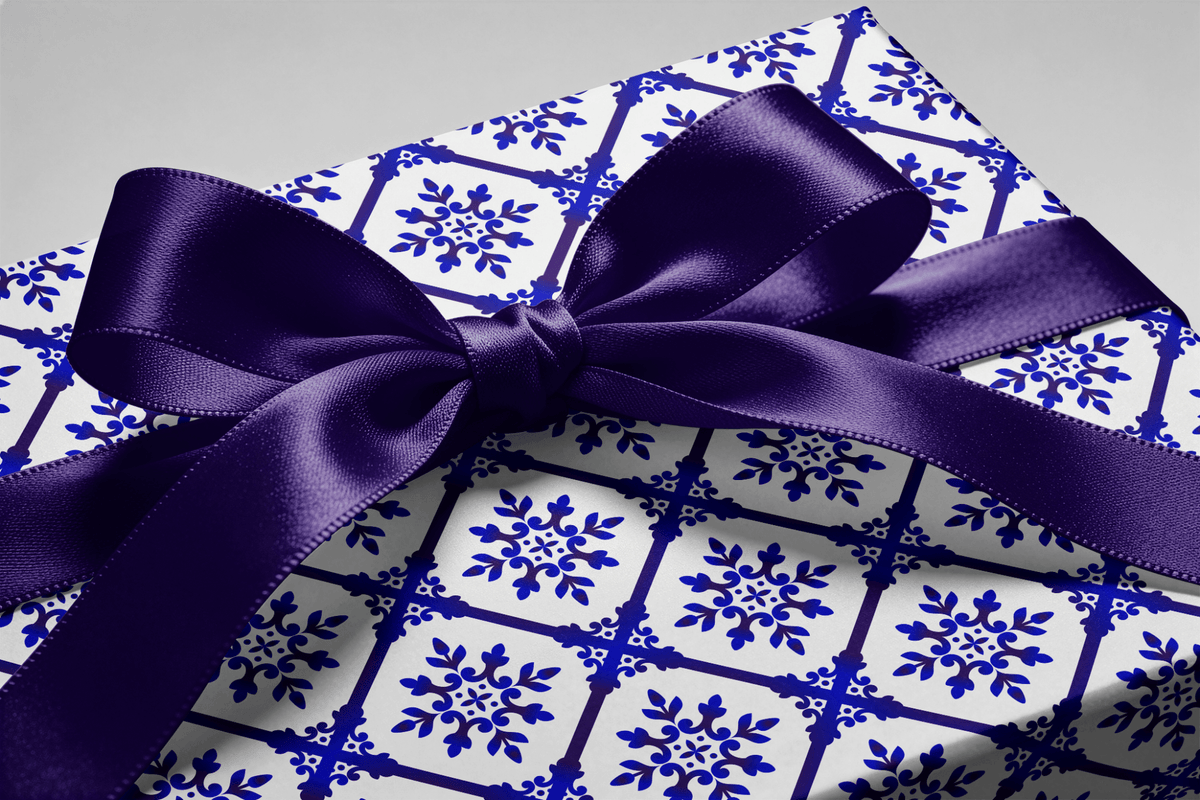 Blue and White Christmas Wrapping Paper - Porcelain Frost - Haus of Wrap