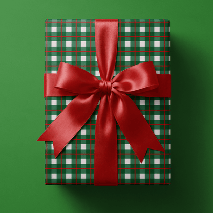Checkered christmas wrapping paper in a tight forest-green and red grid on white.