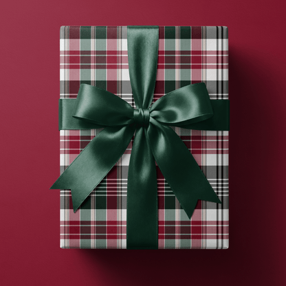 Christmas plaid wrapping paper with a fine wine, green, pink, and sage tartan weave.