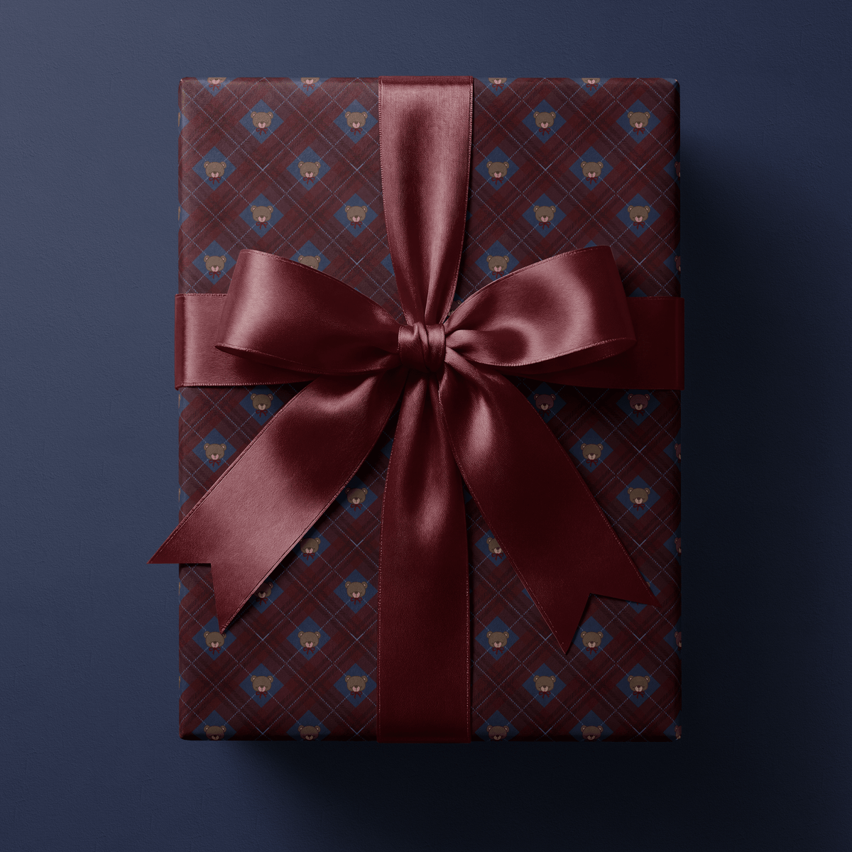 Teddy bear christmas wrapping paper with burgundy tartan and navy argyle diamonds.