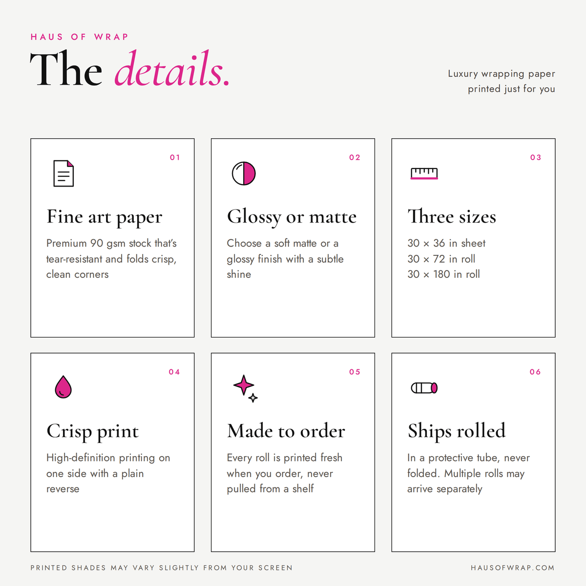 Product details for Haus of Wrap wrapping paper. Fine art paper, glossy or matte finish, three sizes, crisp prints, made to order, ships rolled
