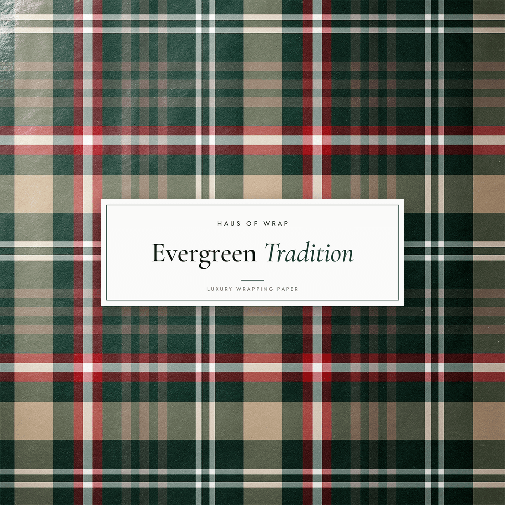 Flat lay of the Evergreen Tradition sage, cream, and red woven tartan pattern