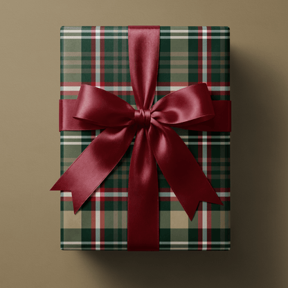 Gift wrapped in Evergreen Tradition buffalo plaid christmas wrapping paper, tied with a black ribbon bow
