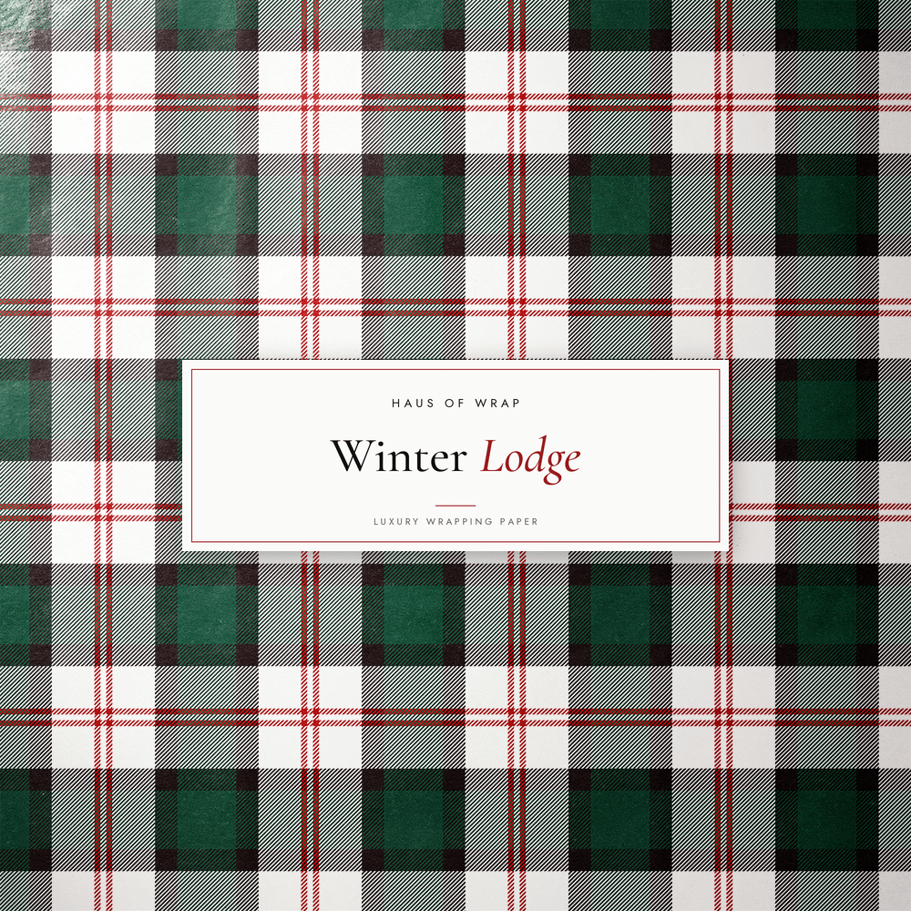 Flat lay of the Deerfield Winter Lodge sage green, black, white, and red tartan pattern