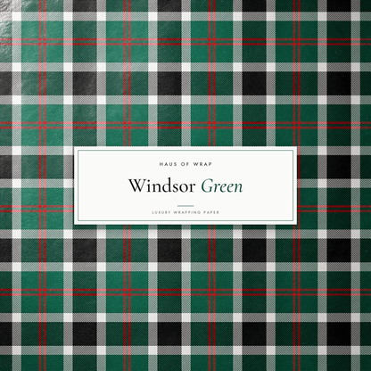Flat lay of the Deerfield Windsor Green emerald, black, white, and red tartan pattern