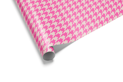 Alt Tag: Pink Houndstooth Barbie Wrapping Paper roll in hot pink and soft petal pink houndstooth pattern gift wrap