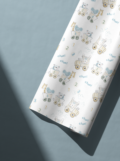 Alt Tag: Baby Shower Gift Wrap with watercolor animals on counting train, soft blue and neutral nursery pattern gift wrap sheet