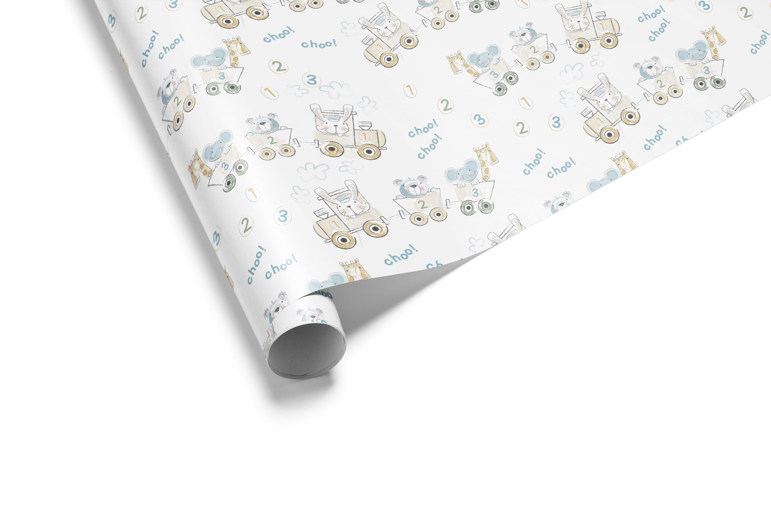 Alt Tag: Baby Shower Gift Wrap with watercolor animals on a counting train, soft blue and neutral baby shower wrapping paper