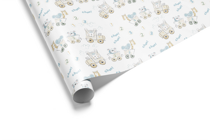 Alt Tag: Baby Shower Gift Wrap with watercolor animals on a counting train, soft blue and neutral baby shower wrapping paper