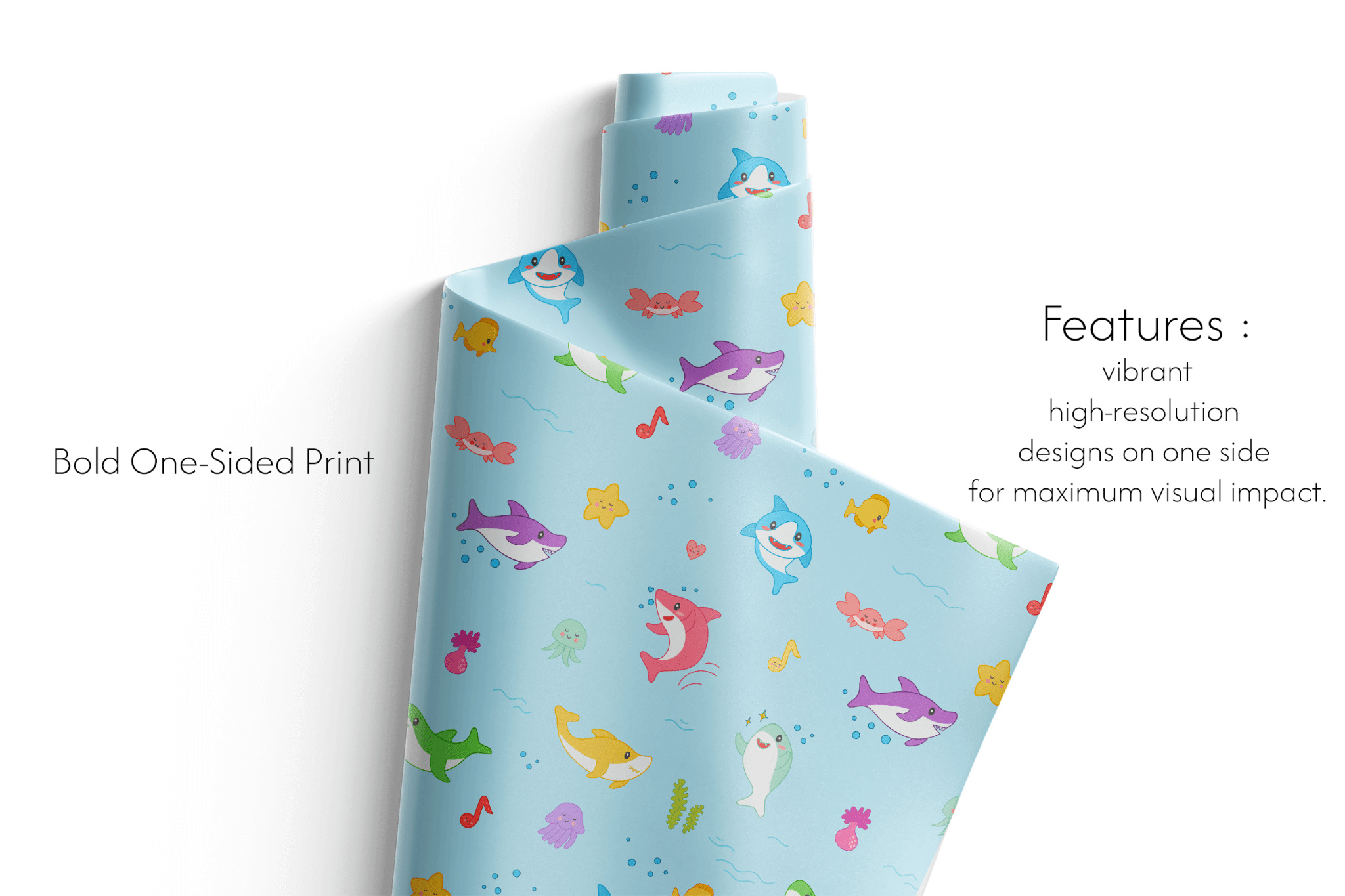 Giggles Under the Sea Baby Shark wrapping paper, colorful sharks and music notes—childrens wrapping paper for birthday or baby shower