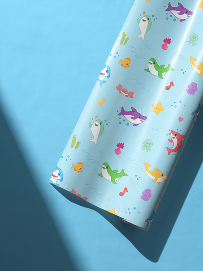 Alt Tag: Giggles Under the Sea baby shark wrapping paper with colorful sharks &amp; notes, childrens wrapping paper for birthday or baby shower