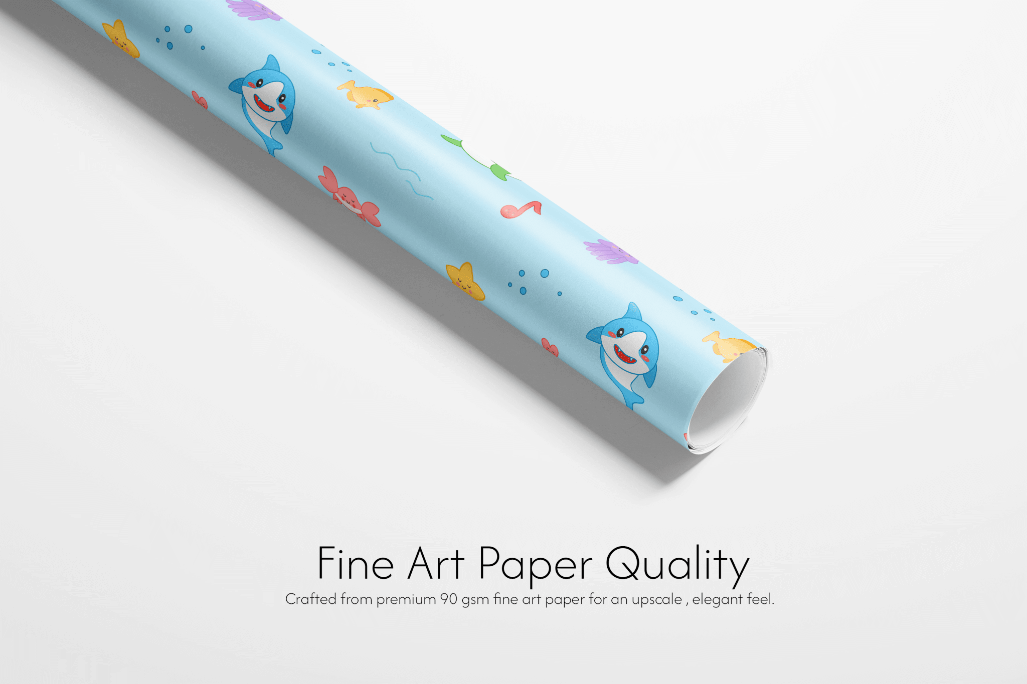 Alt Tag: Baby Shark Wrapping Paper roll with colorful cartoon sharks, fish and musical notes on 90 gsm fine art paper quality