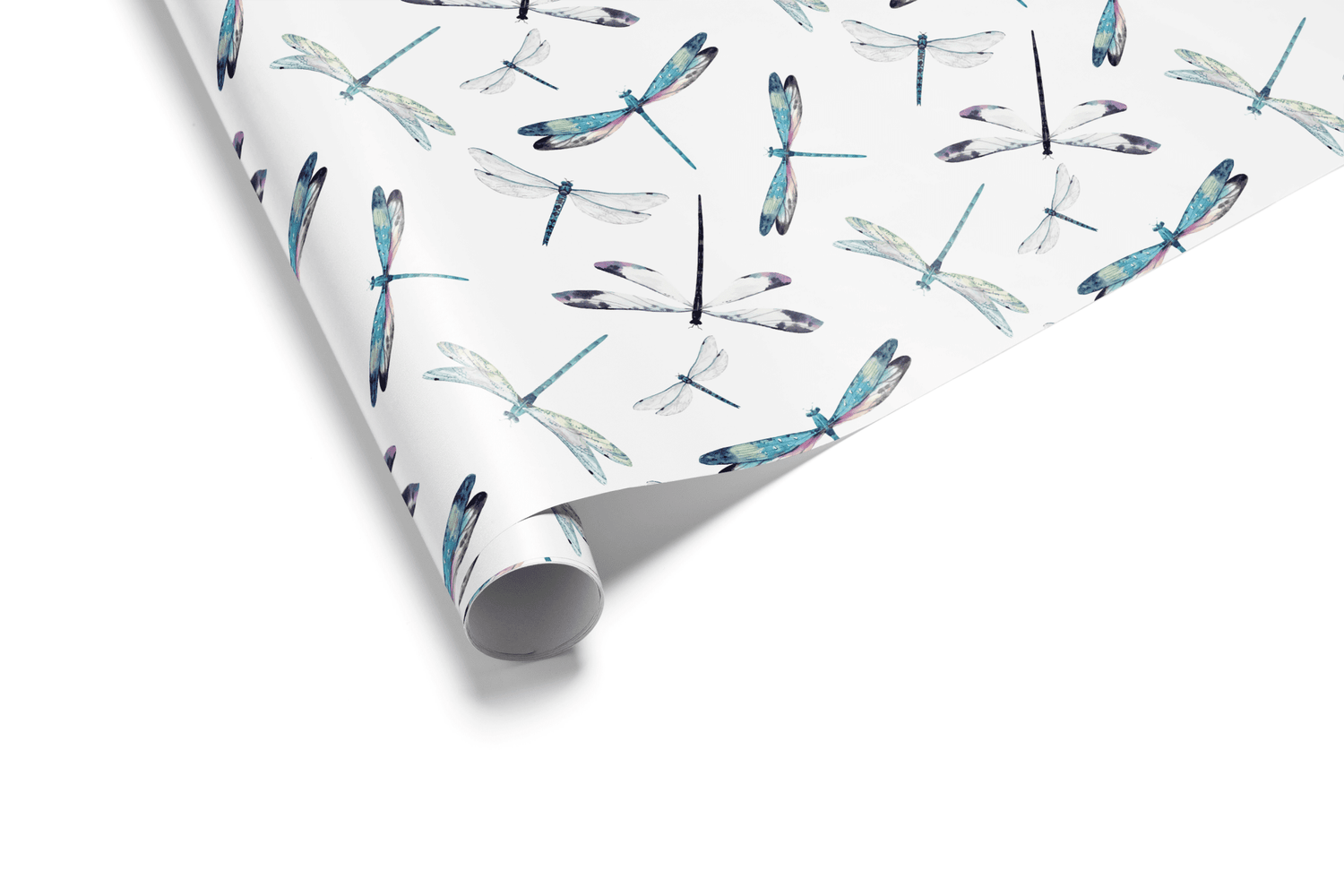 Alt Tag: Dragonfly Themed Gift Wrap Paper roll with gossamer dragonfly pattern on white background, Gossamer Flight wrapping paper