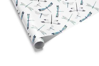 Alt Tag: Dragonfly Themed Gift Wrap Paper roll with gossamer dragonfly pattern on white background, Gossamer Flight wrapping paper