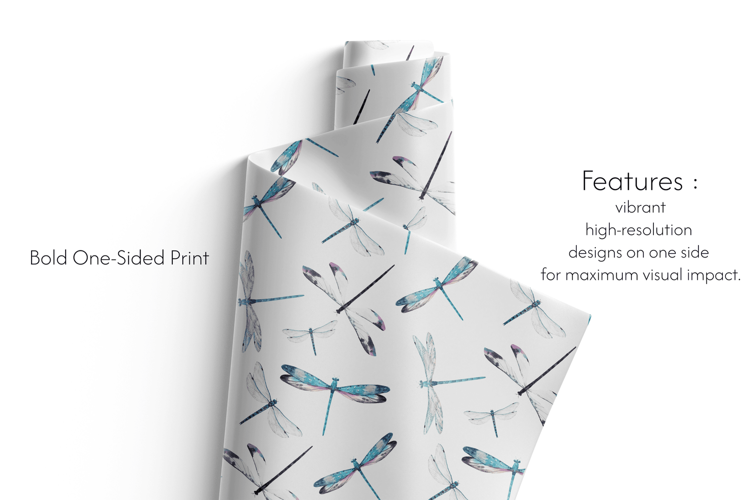 Alt Tag: Dragonfly Themed Gift Wrap Paper roll with blue dragonfly pattern, bold one-sided print, vibrant high-resolution design