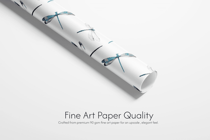 Dragonfly Themed Gift Wrap Paper roll featuring gossamer blue dragonfly pattern, fine art paper quality premium wrapping paper