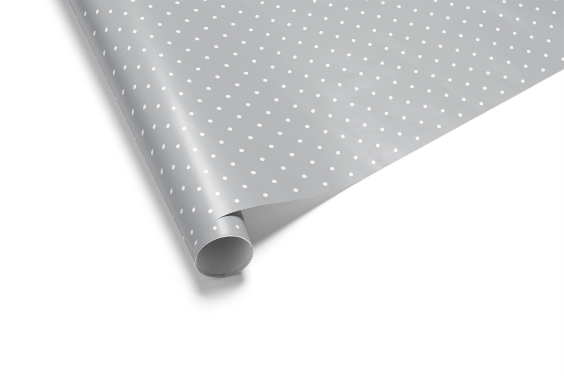 Elegant Wedding Gift Wrap in soft gray with delicate white polka dots, modern minimalist wrapping paper roll for weddings