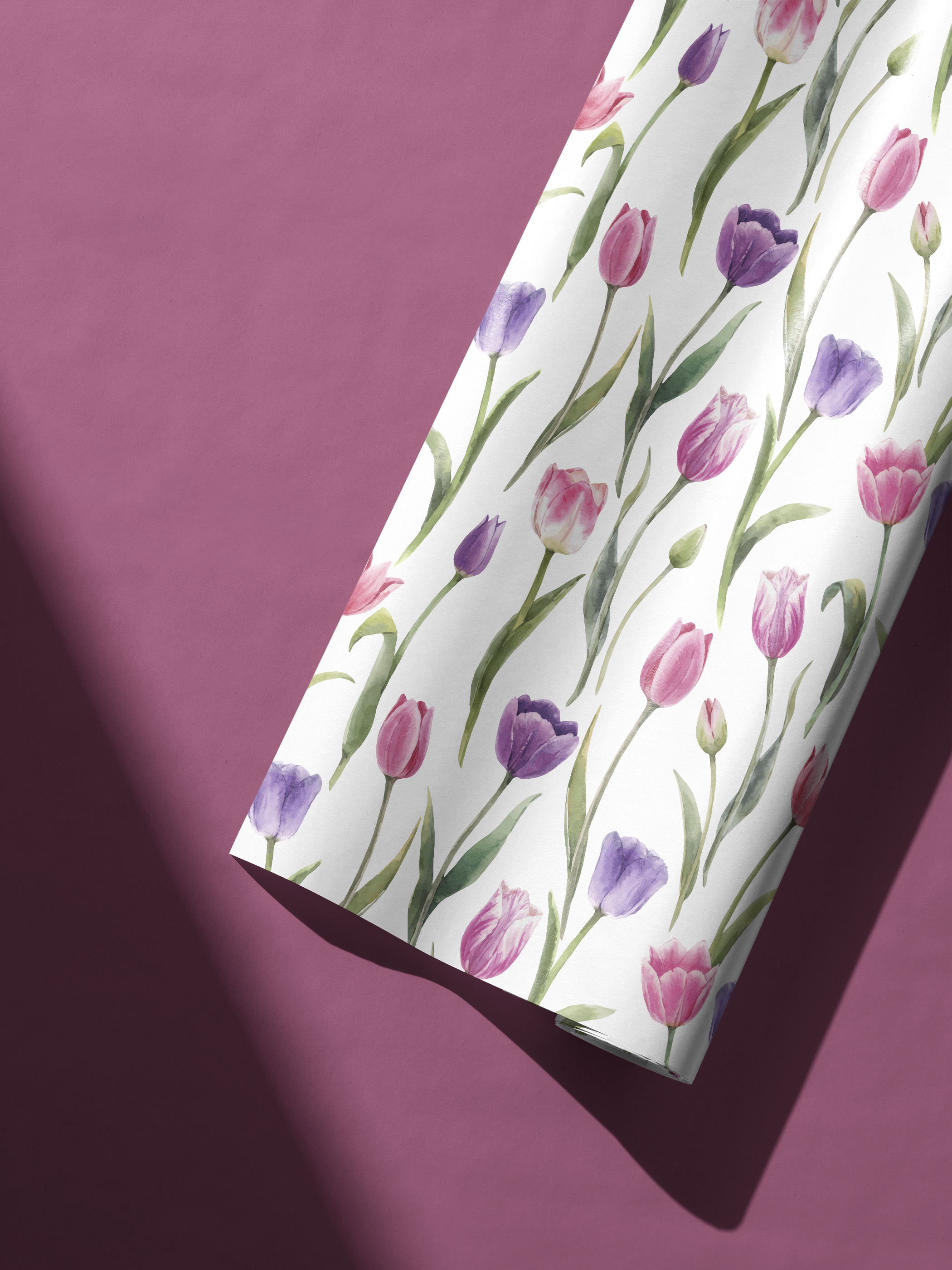 Alt Tag: Floral Gift Wrap In Full Bloom watercolor tulip pattern in pink and lavender on white background gift wrapping paper