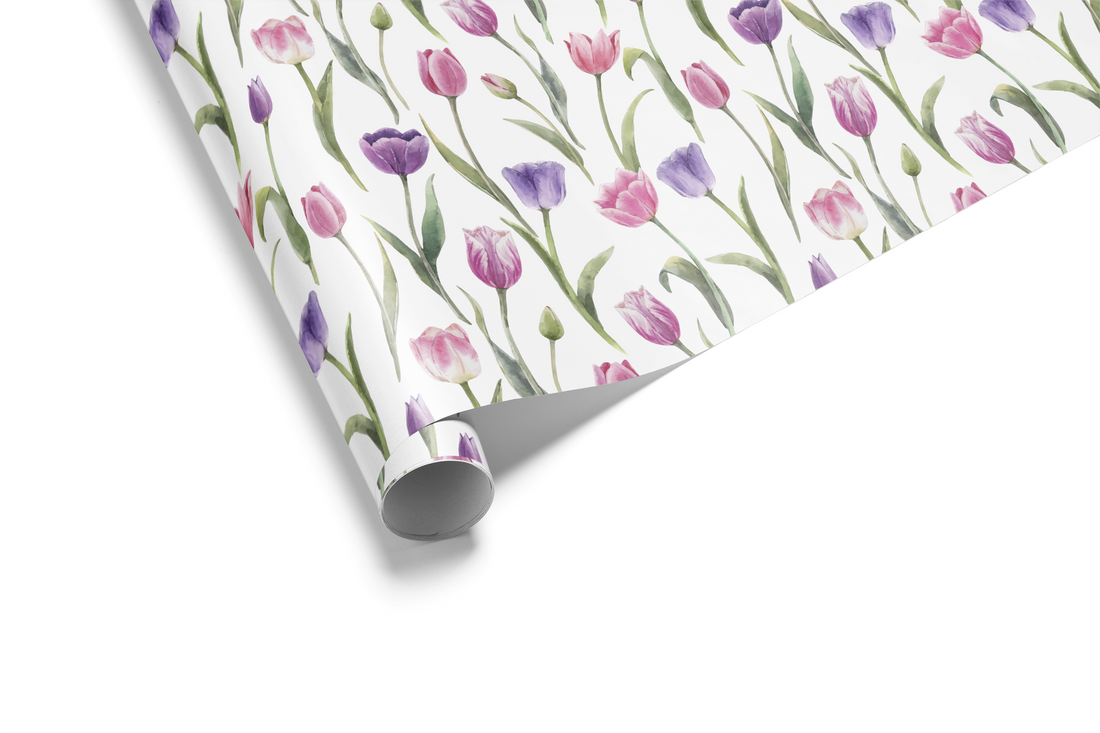 Alt Tag: Floral Gift Wrap with watercolor tulips in soft pink and lavender on white background, In Full Bloom design