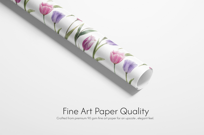 Alt Tag: Floral Gift Wrap roll with watercolor tulips in pink and lavender on white background, fine art paper quality