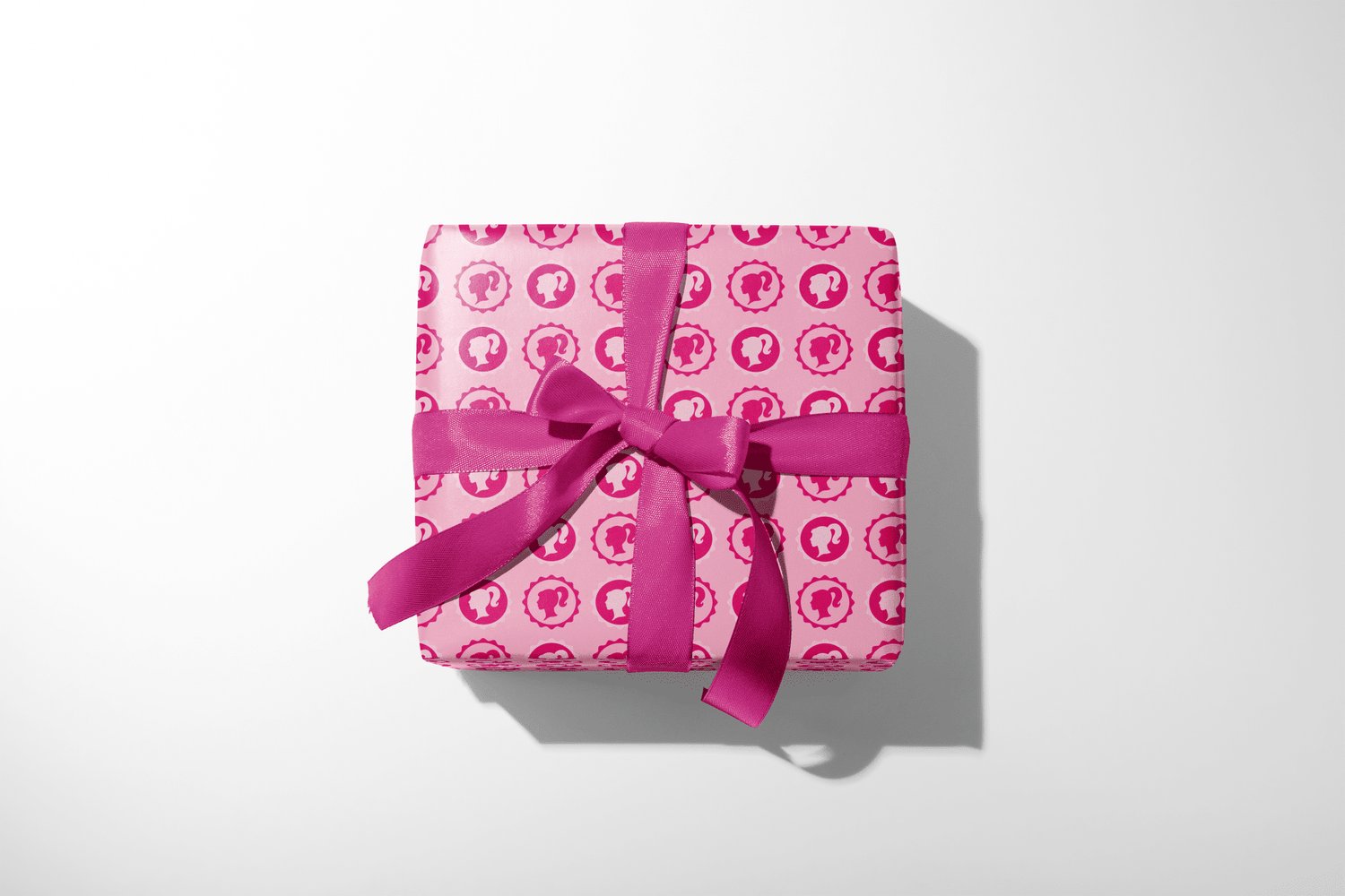 Pink Barbie Birthday &amp; Christmas Wrapping Pape Malibu Icon pink wrapping paper gift box with doll silhouette pattern and ribbon