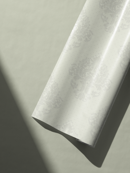 Alt Tag: Bridal Shower Gift Wrap in soft ivory with tonal damask pattern, timeless romantic bridal wrapping paper