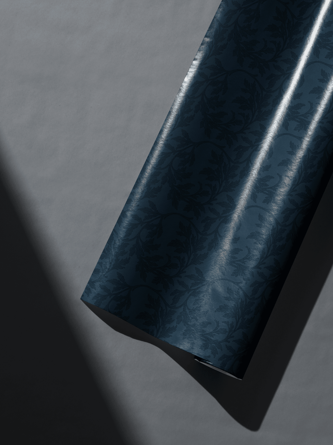 Alt Tag: Dark Navy Botanical Damask Wrapping Paper roll, Midnight Ivy navy blue tonal damask gift wrap with elegant botanical pattern