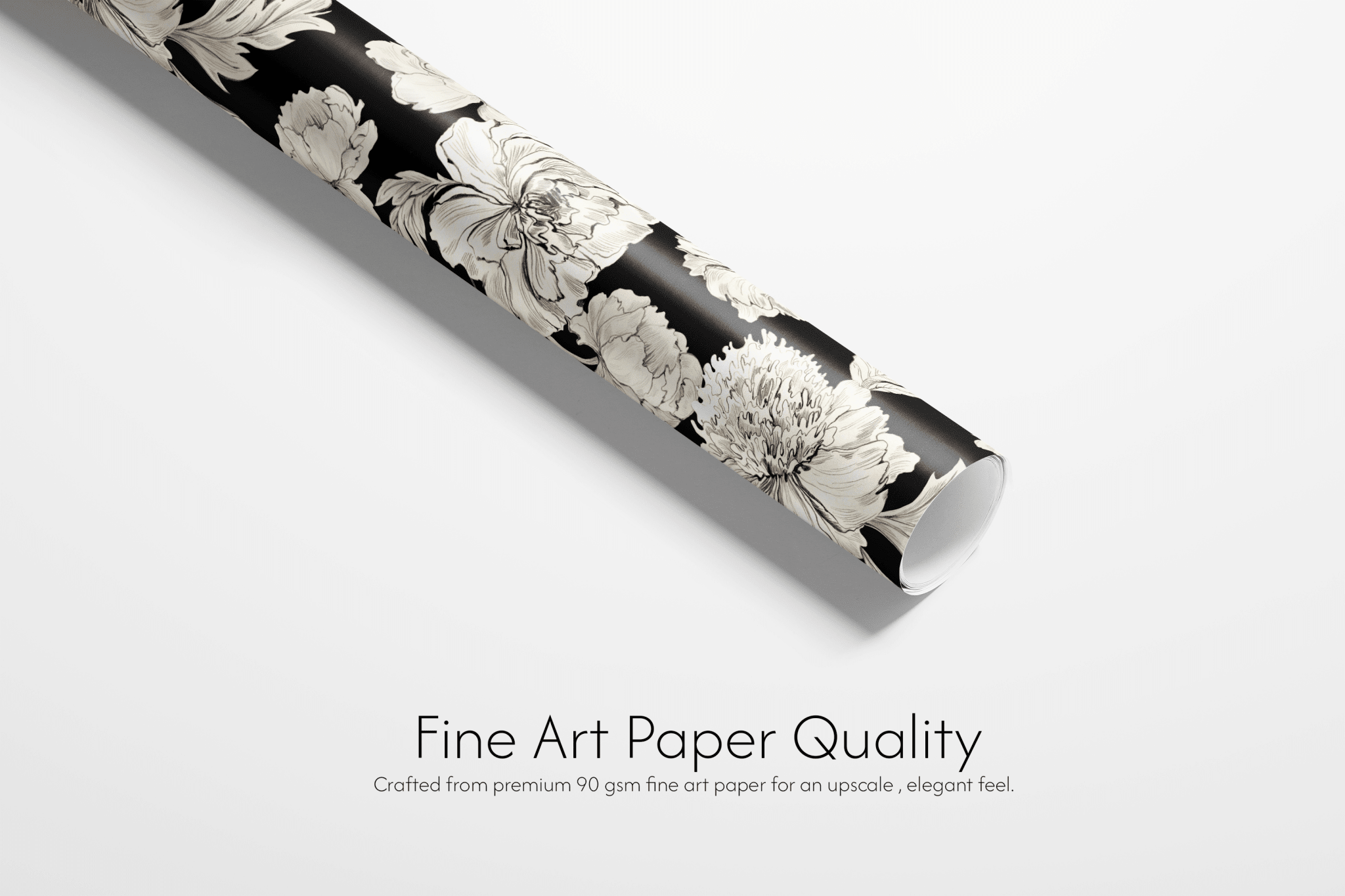 Alt Tag: Black and White Floral Wrapping Paper roll with ivory peony illustrations on black background, fine art paper quality