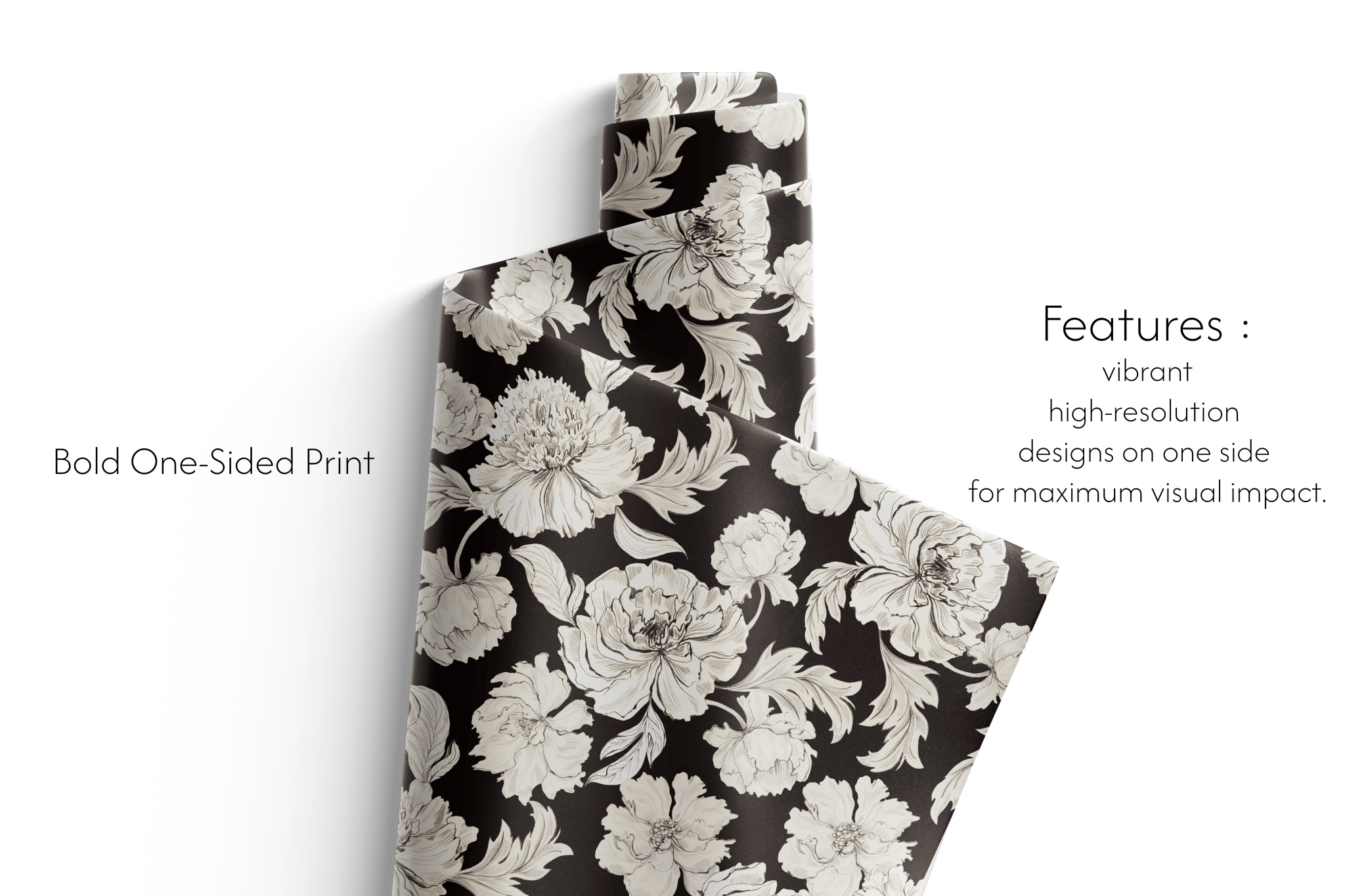 Black and White Floral Wrapping Paper Obsidian Bloom roll with ivory peony illustrations on deep black background, bold one-sided print
