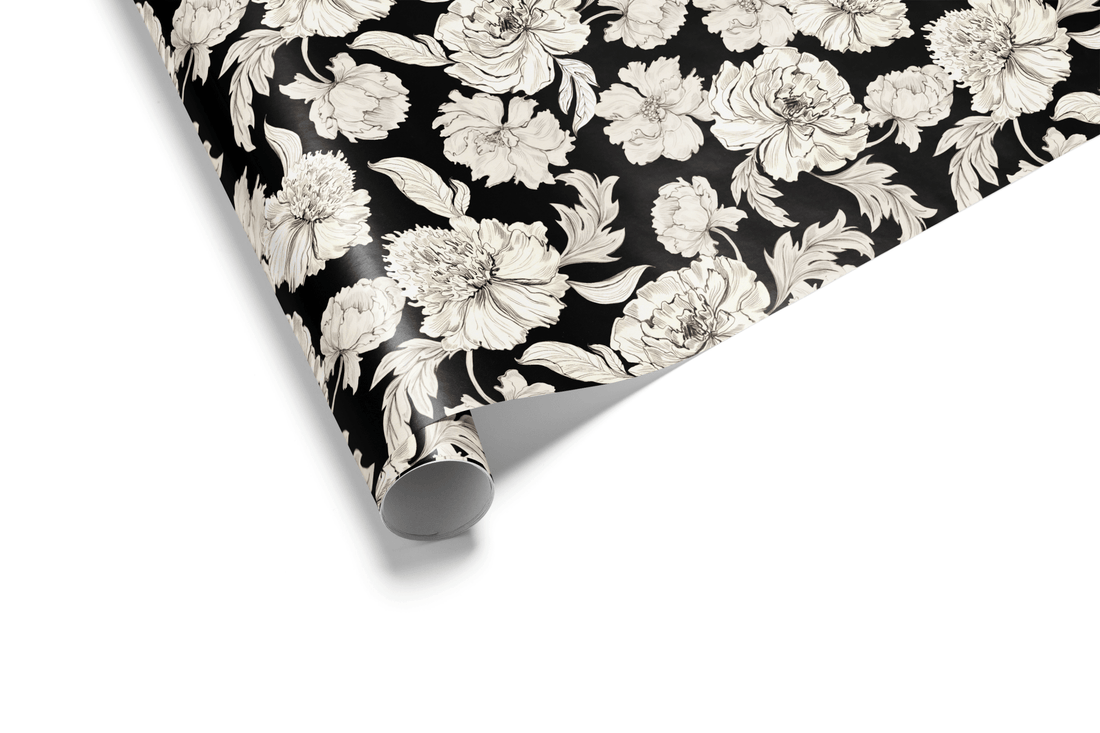Black and White Floral Wrapping Paper roll with ivory peony sketches and botanical leaves on deep black background, Obsidian Bloom