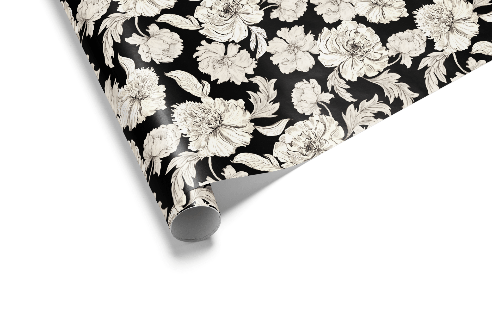 Black and White Floral Wrapping Paper roll with ivory peony sketches and botanical leaves on deep black background, Obsidian Bloom