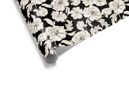 Black and White Floral Wrapping Paper roll with ivory peony sketches and botanical leaves on deep black background, Obsidian Bloom