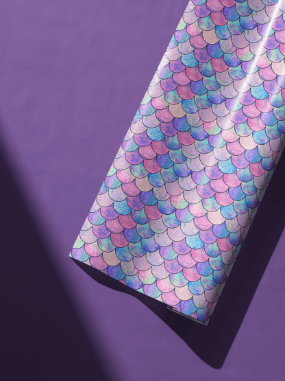 Alt Tag: Opalescent Undersea Brilliance mermaid scales wrapping paper, iridescent violet-azure-pink pattern, childrens wrapping paper for birthday or baby shower