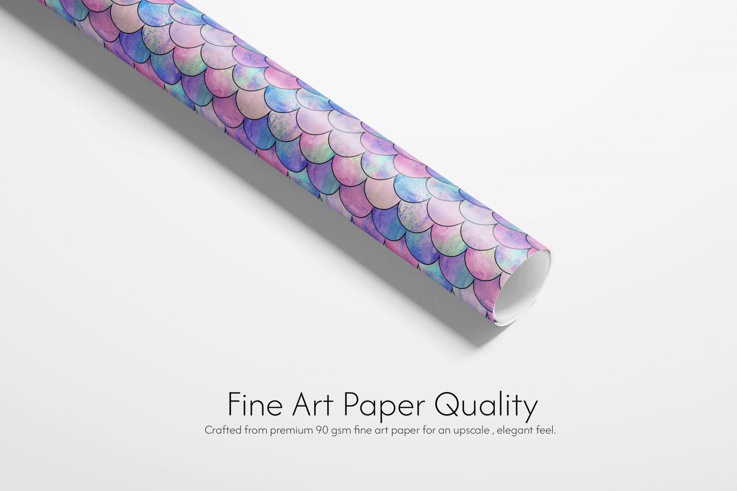 Alt Tag: Opalescent Undersea Brilliance mermaid scales wrapping paper, iridescent violet-azure-pink design, childrens wrapping paper for birthday or baby shower