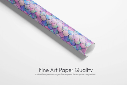 Alt Tag: Opalescent Undersea Brilliance mermaid scales wrapping paper, iridescent violet-azure-pink design, childrens wrapping paper for birthday or baby shower