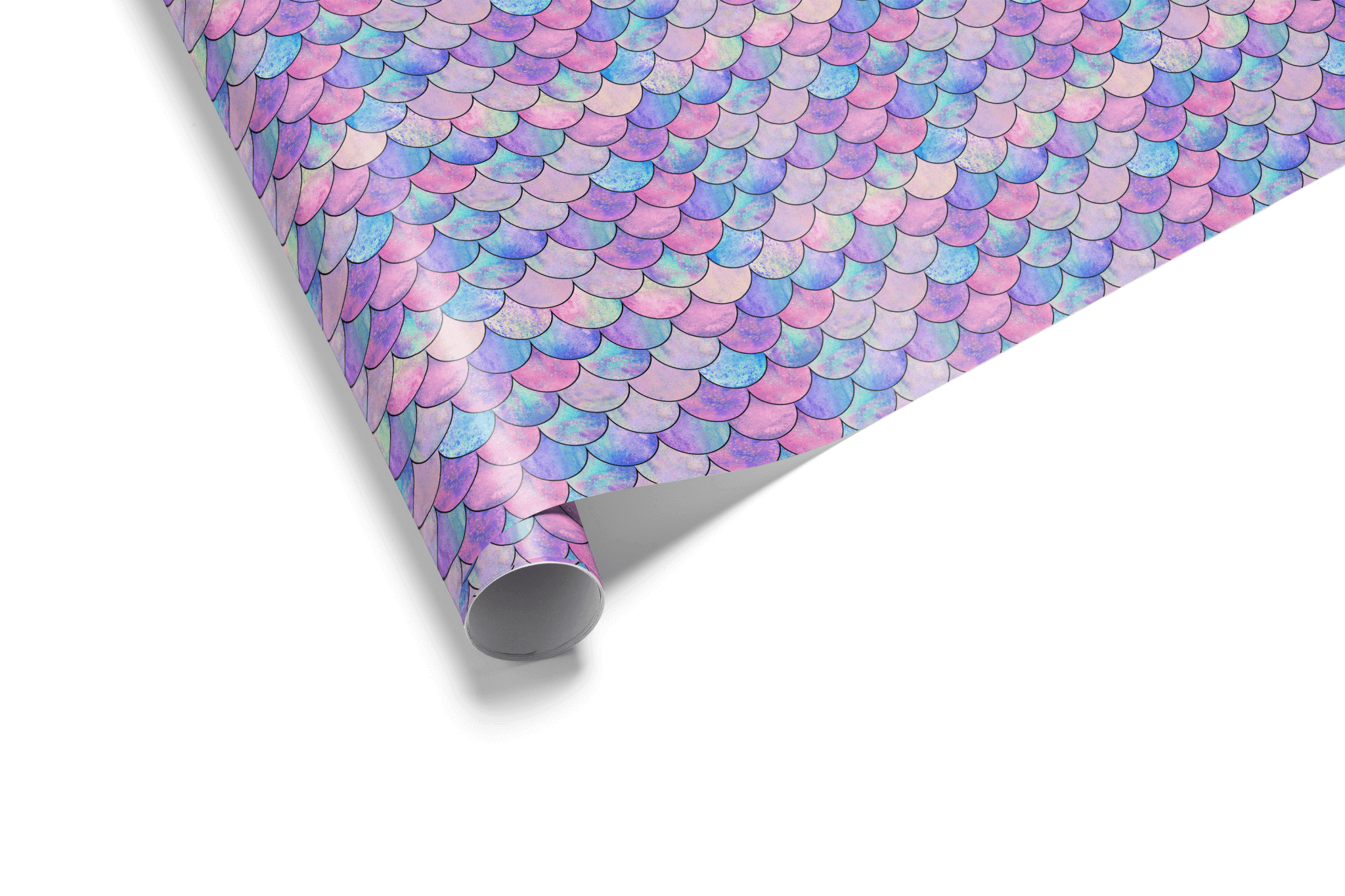 Alt Tag: Opalescent Undersea Brilliance mermaid scales wrapping paper in violet-azure-pink iridescence, childrens wrapping paper for birthday or baby shower