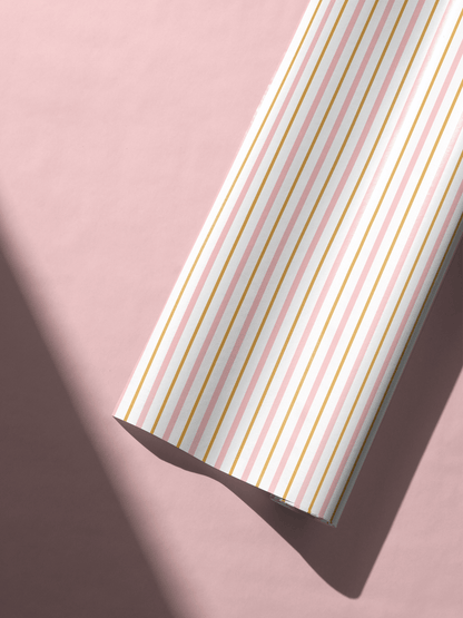 Alt Tag: Pink Stripe Wrapping Paper roll with ultra-thin soft rose and sun-kissed gold pinstripes for chic gift wrapping