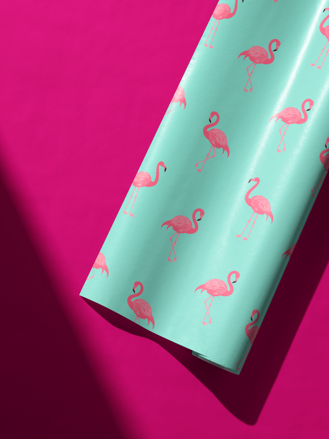 Alt Tag: Flamingo Wrapping Paper on aqua background with soft pink flamingo silhouettes, Poolside Daydream Society gift wrap