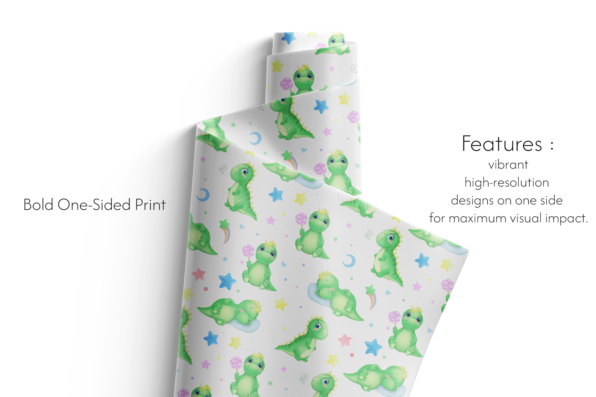 Green Dinosaur Birthday Wrapping Paper with sleepy green dinosaurs, stars and moons on white gift wrap roll