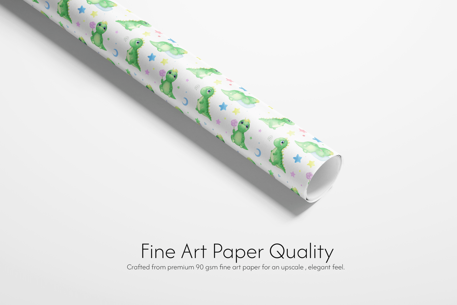 Alt Tag: Green Dinosaur Birthday Wrapping Paper roll with sleepy green dinosaurs, stars and moons, fine art paper quality