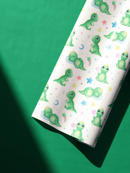 Green Dinosaur Birthday Wrapping Paper with sleepy green dinosaur pattern, stars and moons, playful kids gift wrap roll