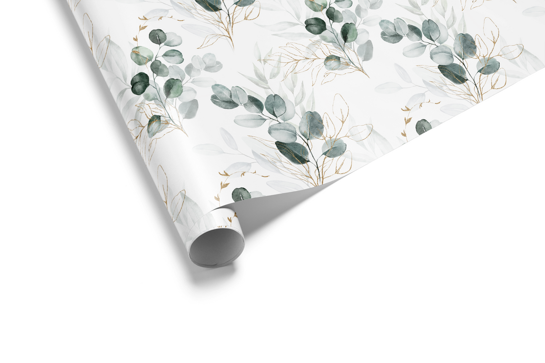 Alt Tag: Wedding Gift Wrap in muted golden sage estate botanical design with eucalyptus leaves, elegant bridal gift wrapping paper