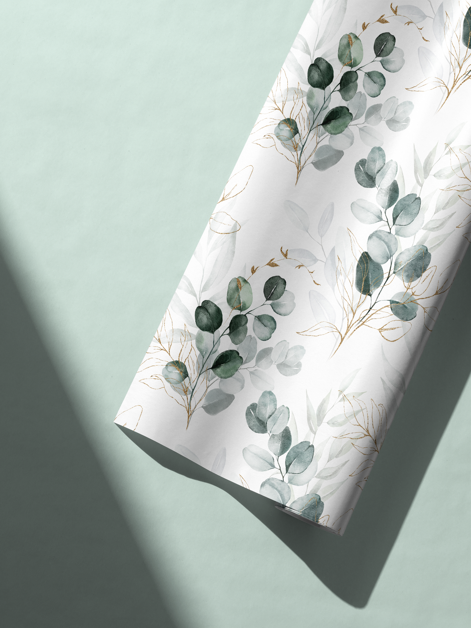 Wedding Gift Wrap in muted sage with botanical leaves and subtle gold detailing, modern bridal gift wrapping paper