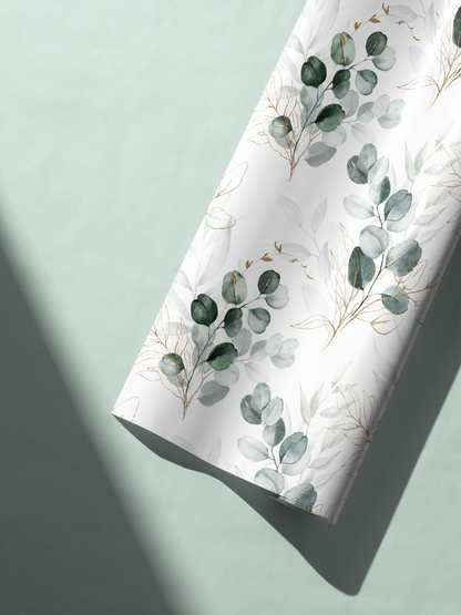 Wedding Gift Wrap in muted sage with botanical leaves and subtle gold detailing, modern bridal gift wrapping paper