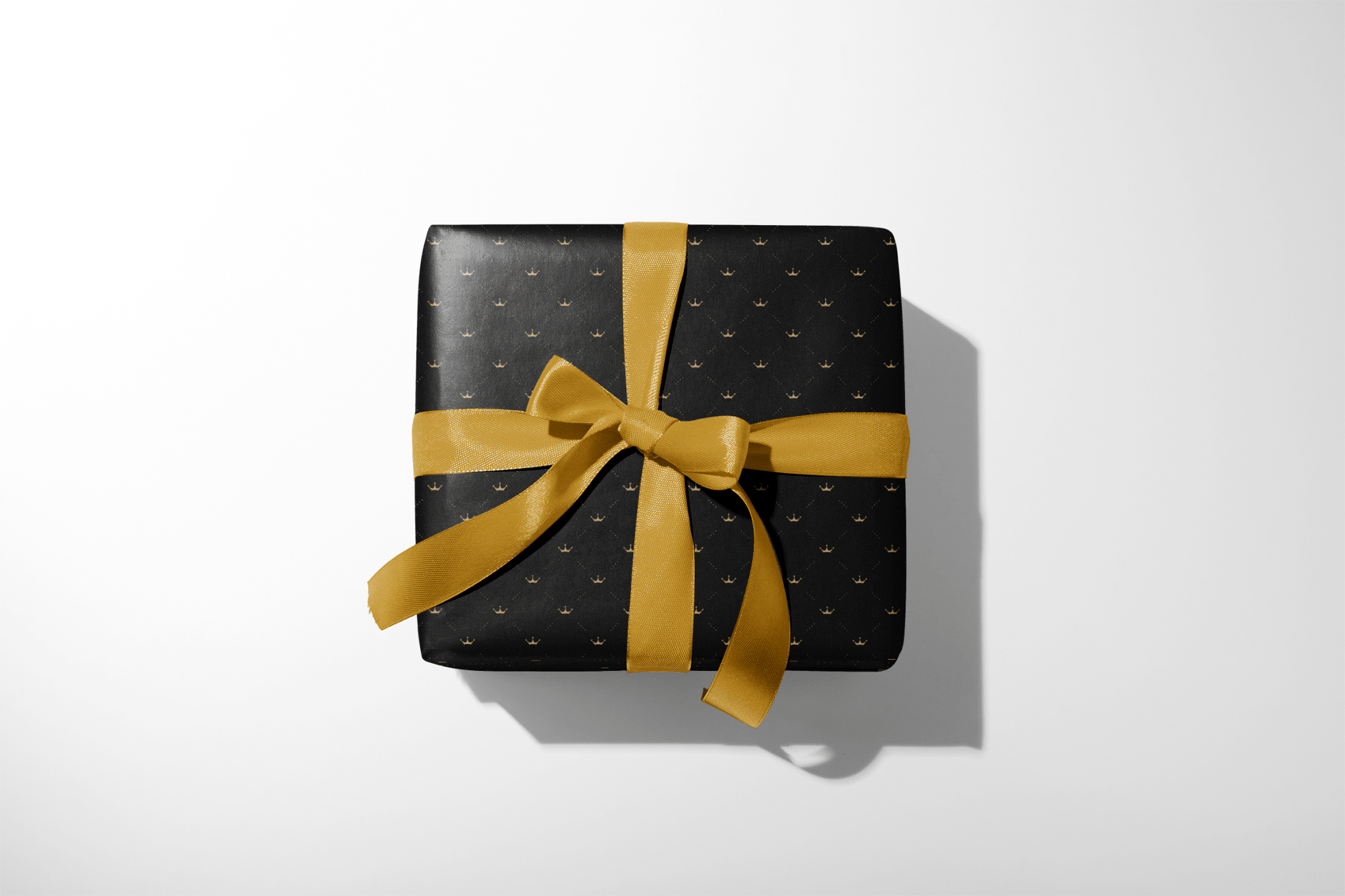 Crown Wrapping Paper Royal After Midnight black gift wrap with gold crown pattern and satin ribbon bow luxury present